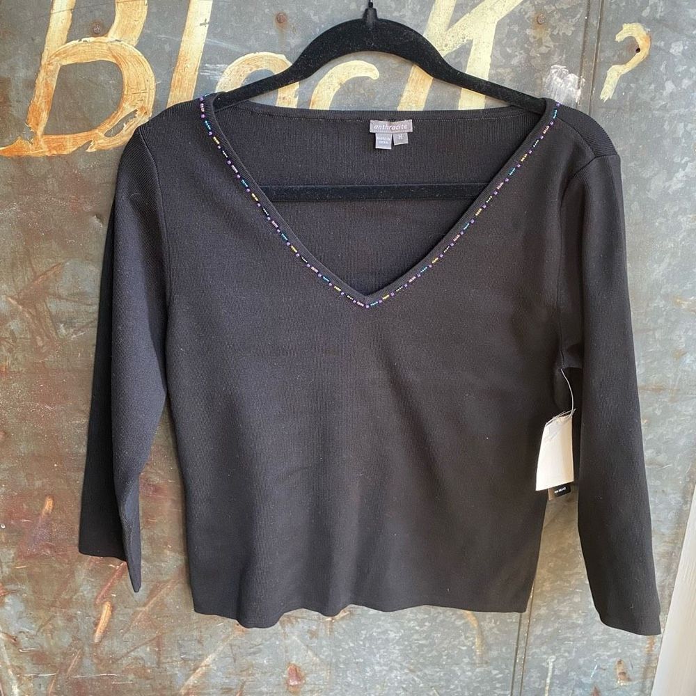 Anthracite NWT Black Beaded V-Neck Sweater Knit Blouse, Size Medium